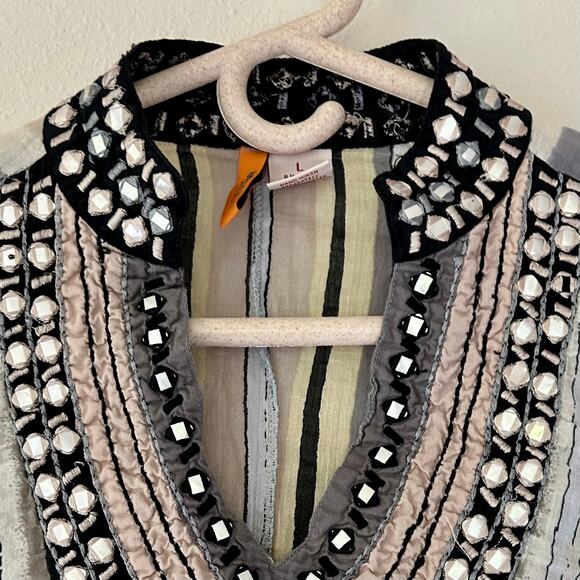 Anu shift tunic striped 3/4 sleeve beaded neckline lightweight vacation boho L - Picture 4 of 12